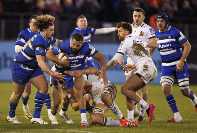 Bath's Ollie Lawrence runs with the ball during his team's January 2026 PREM Rugby match against Exeter Chiefs.