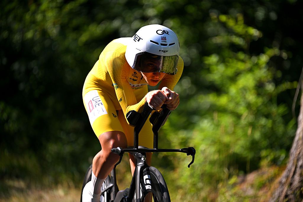 AARBURG, SWITZERLAND - JUNE 20: Tadej Pogacar of Slovenia and UAE Team Emirates - XRG - Yellow Leader Jersey competes during the 89th Tour de Suisse 2026, Stage 4 a 23.7km individual time trial stage from Aarburg to Aarburg / #UCIWT / on June 20, 2026 in Aarburg, Switzerland. (Photo by Tim de Waele/Getty Images)
