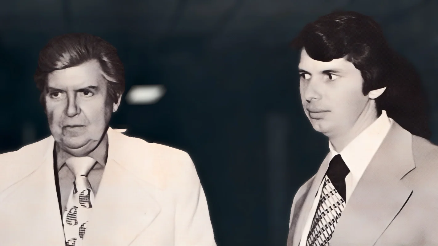 Vincent James McMahon (Vince Sr.) and his son Vincent Kennedy McMahon (Vince Jr.) pictured together. Vince McMahon Sr. died of pancreatic cancer on May 24, 1984, at age 69.